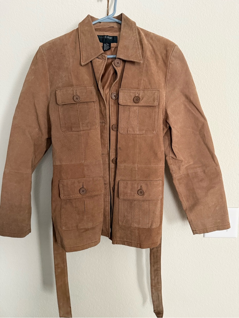 Outer Edge Tan Suede Button-Front Utility Jacket